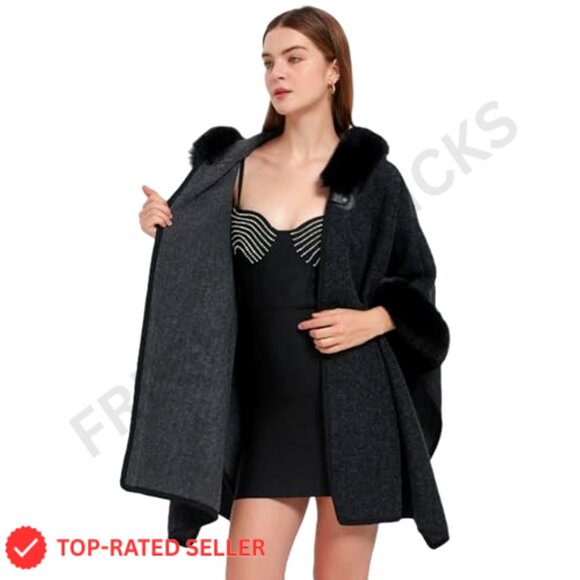 Wool Blend Cardigan Shawl Cape Cloak Hoodie Coat Elegant Winter Warm Oversized - Picture 4 of 7